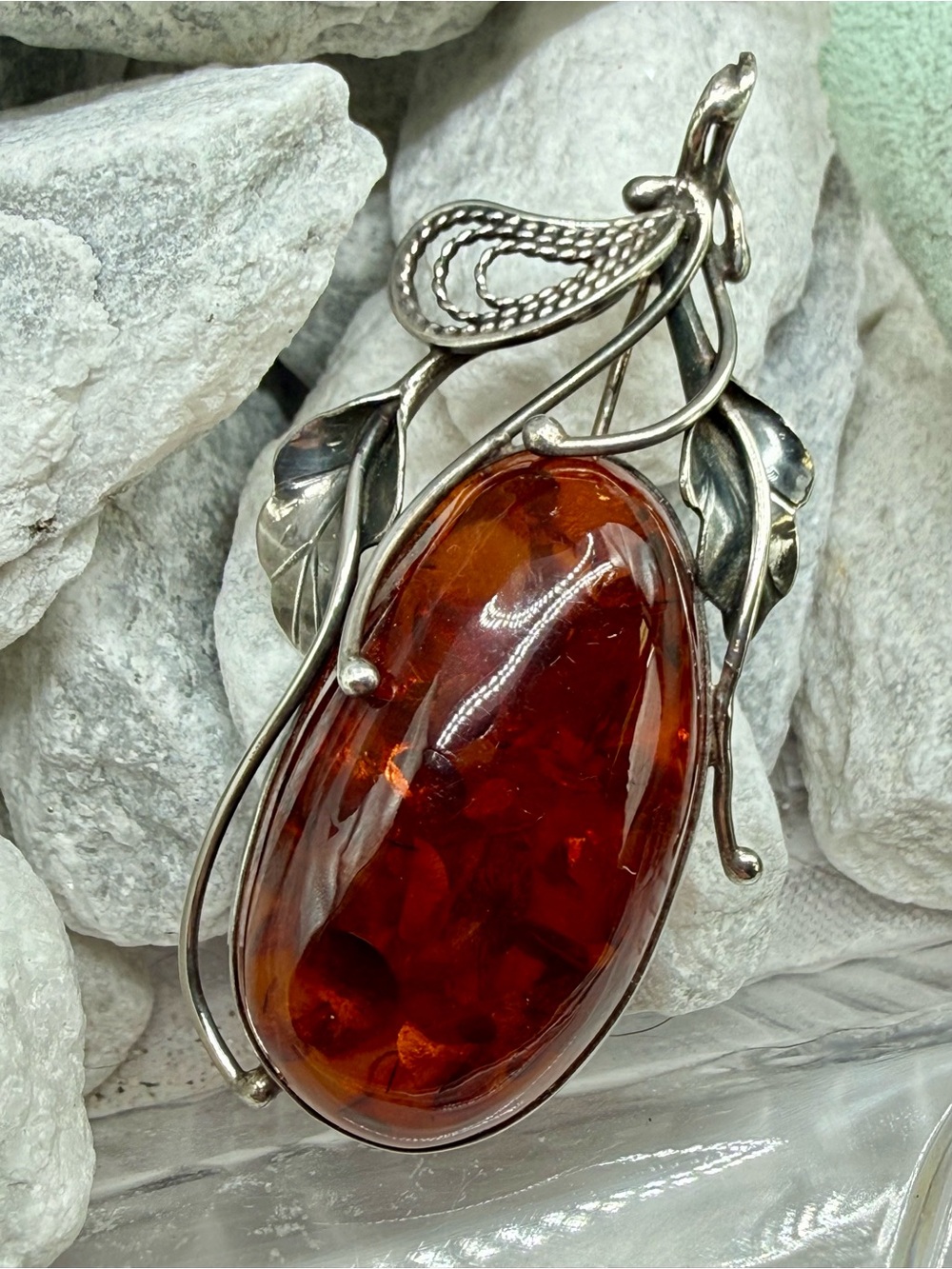 Baltic Amber Brooch Pendant 925 Sterling Silver Floral 2.75” 18g Signed Makers